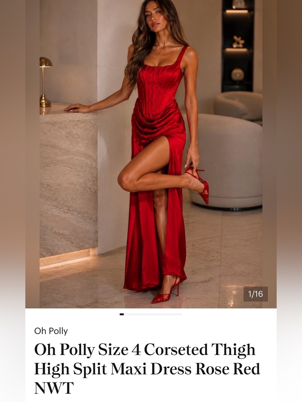Oh Polly Size 4 Corseted Thigh High Split Maxi Dress Rose Red NWT